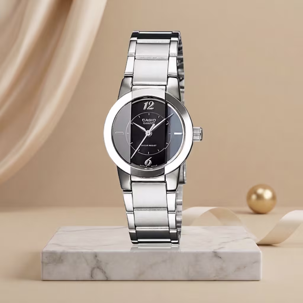 Casio LTP-1230D-1C cut glass black dial ladies elegant wrist watch