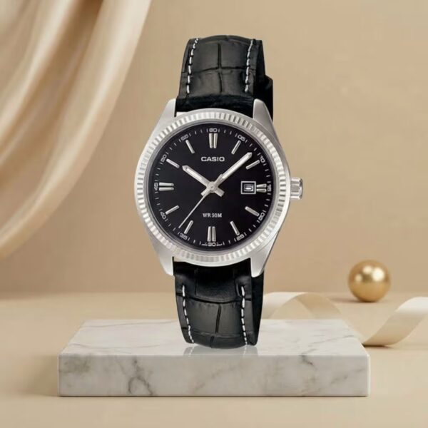 Casio LTP-1302L-1A ladies black dial watch with black leather strap and silver case