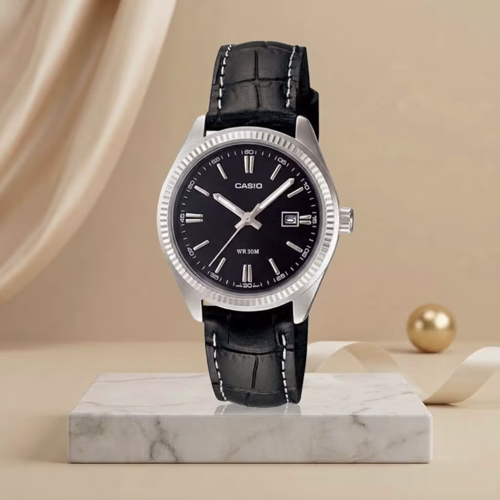 Casio LTP-1302L-1A ladies black dial watch with black leather strap and silver case