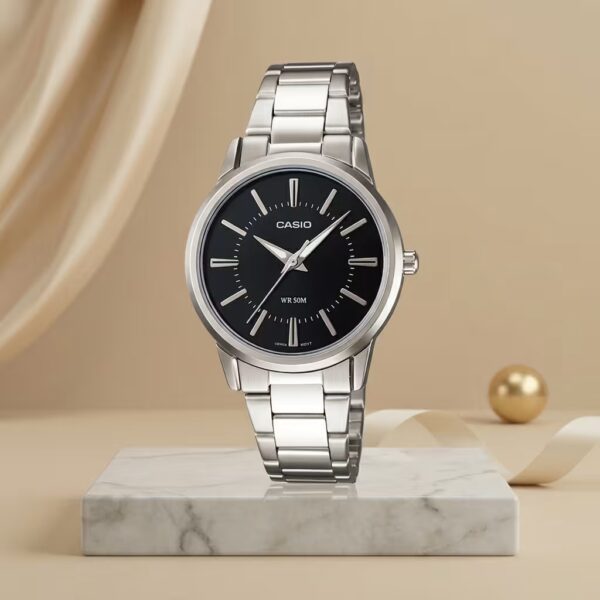 Casio LTP-1303D-1A ladies black dial watch with silver stainless-steel bracelet