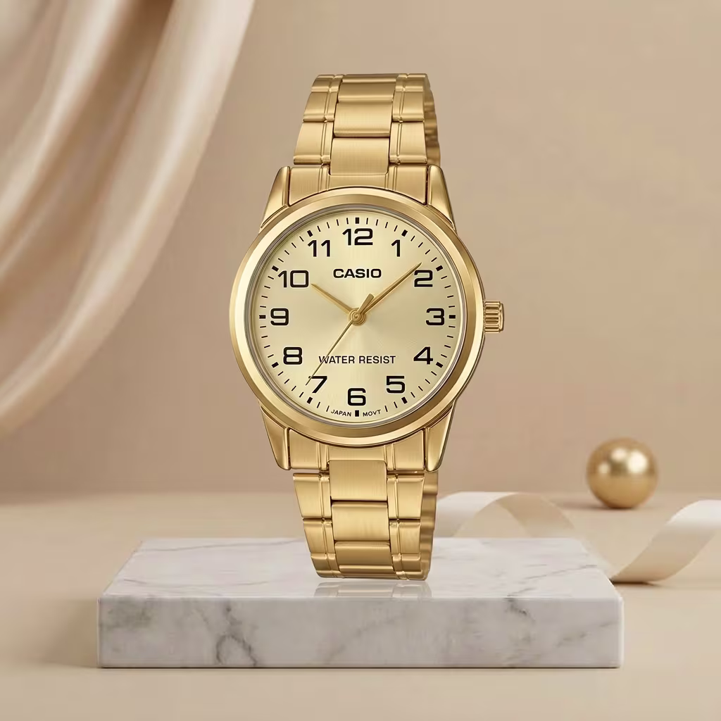 Casio LTP-V001G-9B ladies gold dial watch with gold-tone stainless-steel bracelet