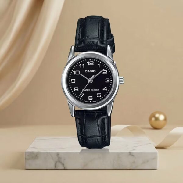 Casio LTP-V001L-1B ladies watch with black dial and black leather strap