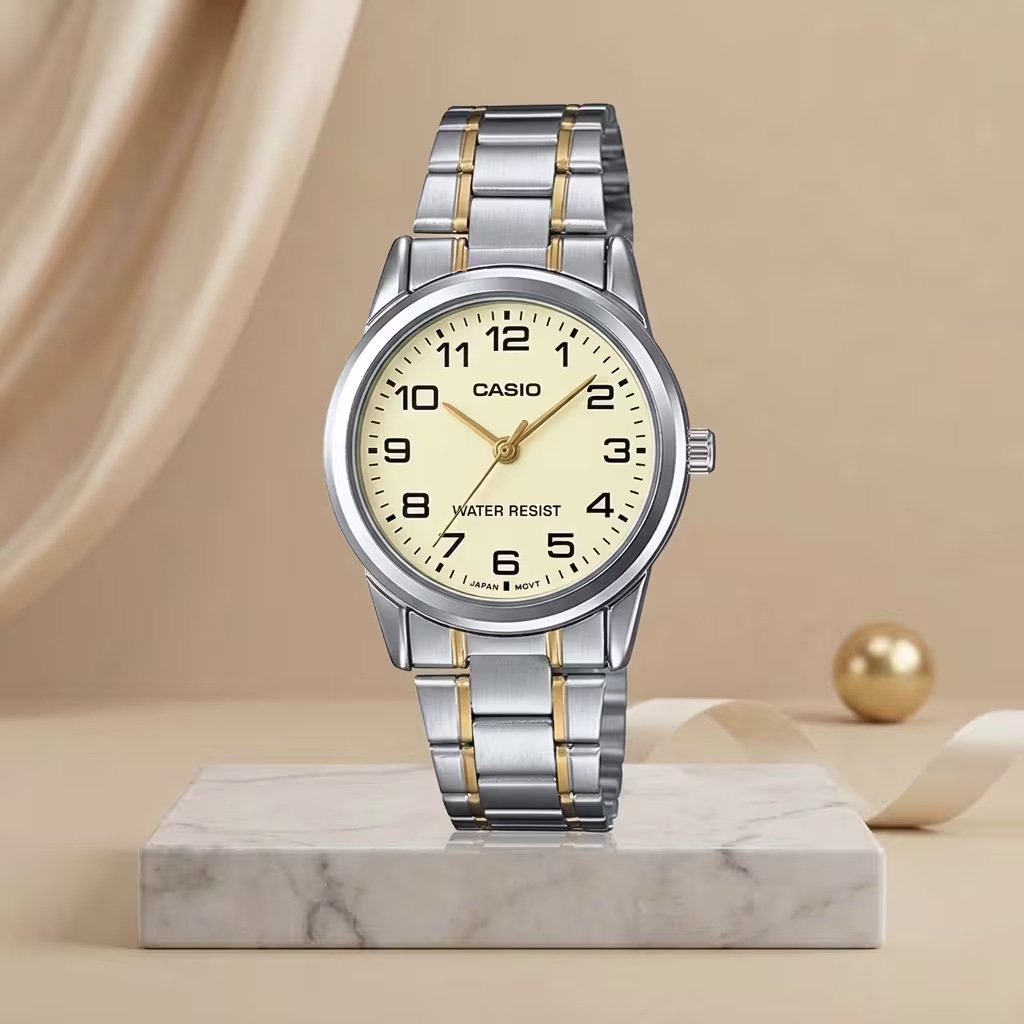 Casio LTP-V001SG-9B ladies champagne dial watch with silver and gold two-tone stainless-steel bracelet