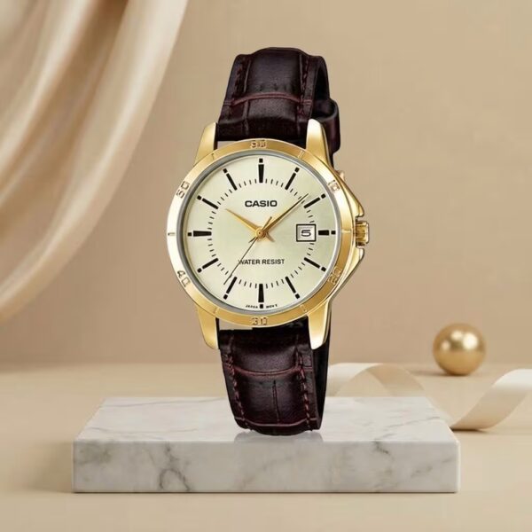 Casio LTP-V004GL-9A ladies watch with gold-tone case, cream dial and brown leather strap