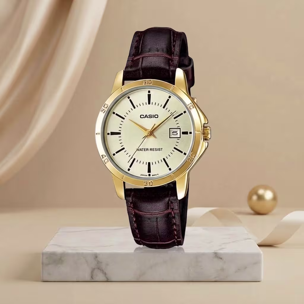Casio LTP-V004GL-9A ladies watch with gold-tone case, cream dial and brown leather strap