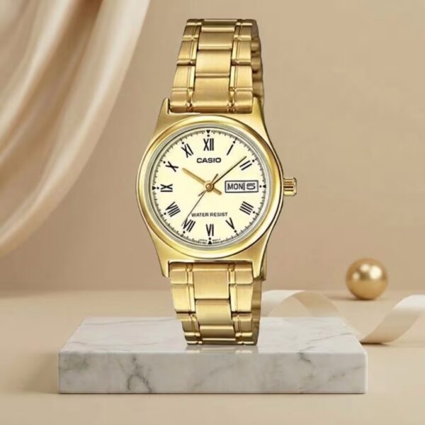 Casio LTP-V006G-9B ladies gold-tone Roman numeral dial watch with gold stainless-steel bracelet and day-date displa
