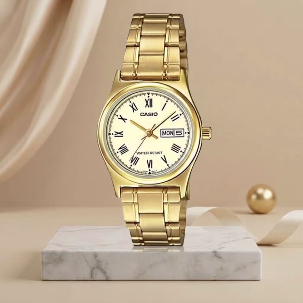 Casio LTP-V006G-9B ladies gold-tone Roman numeral dial watch with gold stainless-steel bracelet and day-date displa