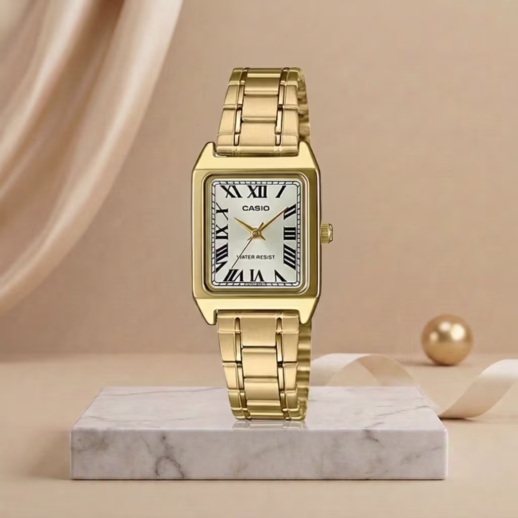 Casio LTP V007G 9B golden chain roman cartier style dial ladies wrist watch