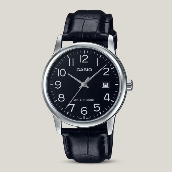 Casio men's black dial watch with silver-tone case, black leather strap and date display