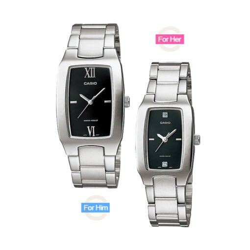 Casio square black dial & silver chain pair watches for couple. Male pair watch model MTP-1165A-1C2 & Ladies pair watch model LTP-1165A-1C2