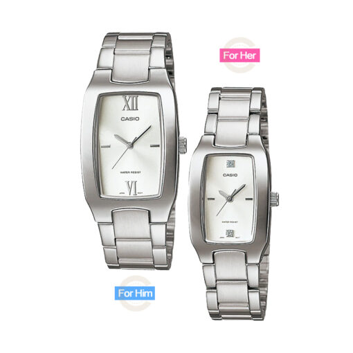 Casio square dial silver steel chain couple gift pair watches for him & her. Male pair watch model MTP-1165A-7C2 & ladies pair watch model LTP-1165A-7C2.
