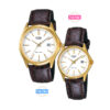 Casio brown leather strap & white analog dial with golden touch pair watches for couple. Male pair watch model mtp-1183q-7av & ladies pair watch model ltp-1183q-7av