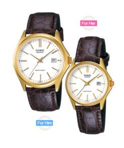 Casio brown leather strap & white analog dial with golden touch pair watches for couple. Male pair watch model mtp-1183q-7av & ladies pair watch model ltp-1183q-7av