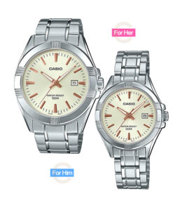 casio-mtp-ltp-1308d-9av Enticer his and her pair models water resistant golden dial silver stainless steel chain analog gift watch for couple