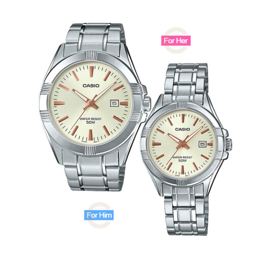 casio-mtp-ltp-1308d-9av Enticer his and her pair models water resistant golden dial silver stainless steel chain analog gift watch for couple