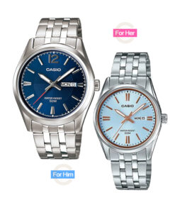 Casio blue dial analog couple pair gift watches for him & her. Male pair watch model MTP-1335D-2AV & Ladies pair watch model LTP-1335D-2AV