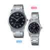 casio-mtp-v001d-1b-ltp-v001d-1b couple watch stainless steel chain black dial couple watch for gift
