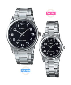 casio-mtp-v001d-1b-ltp-v001d-1b couple watch stainless steel chain black dial couple watch for gift