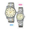 casio-mtp-ltp-v001sg-9b-pair special color model his and her pair two tone chain golden dial water resistant gift couple wrist watches