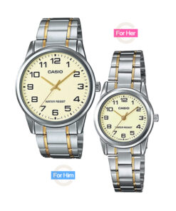 casio-mtp-ltp-v001sg-9b-pair special color model his and her pair two tone chain golden dial water resistant gift couple wrist watches