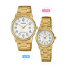 casio-mtp-ltp-v002G-7b2-pair golden stainless steel chain white dial date display branded couple wrist watches