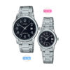 casio-mtp-ltp-v002d-1b-his and her pair analog black dial silver chain branded couple gift watches