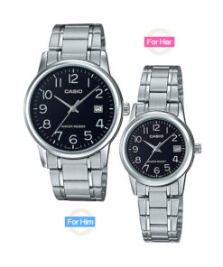 casio-mtp-ltp-v002d-1b-his and her pair analog black dial silver chain branded couple gift watches