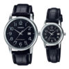 casio-mtp-ltp-v002l-1b date display black leather and dial water resistant gift watch for couple