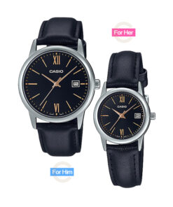 casio-mtp-ltp-v002l-1b3 black dial black leather dress watch with date display water resistant couple gift watch