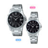casio-mtp-ltp-v004d-1b black numaric dial round case silver stainless steel chain couple watch for gift