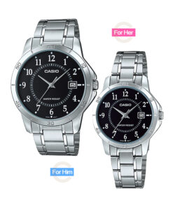 casio-mtp-ltp-v004d-1b black numaric dial round case silver stainless steel chain couple watch for gift