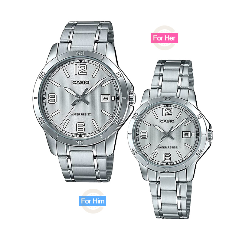 Casio Silver Dial & Chain His & Her Branded Gift Couple Wrist Watches