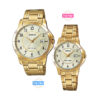 casio-mtp-ltp-v004g-9b-his and her pair branded water resistant golden chain golden dial analog gift couple wrist watches