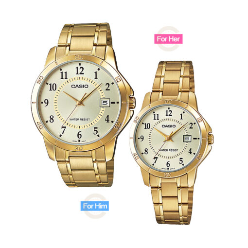 casio-mtp-ltp-v004g-9b-his and her pair branded water resistant golden chain golden dial analog gift couple wrist watches