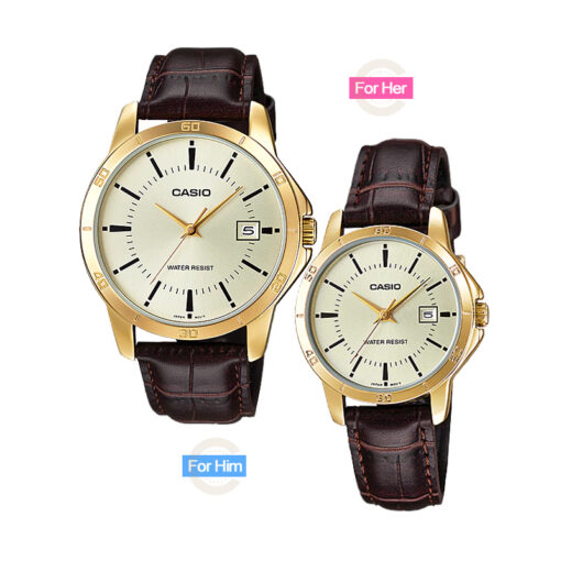 casio-mtp-ltp-v004gl-9b-his and her pair brwon leather strap golden dial analog date display water resistant branded couple gift wrist watches