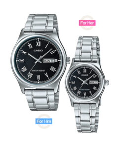casio-mtp-ltp-v006d-1b-pair watch black roman dial silver stainless steel chain water resistant couple watch
