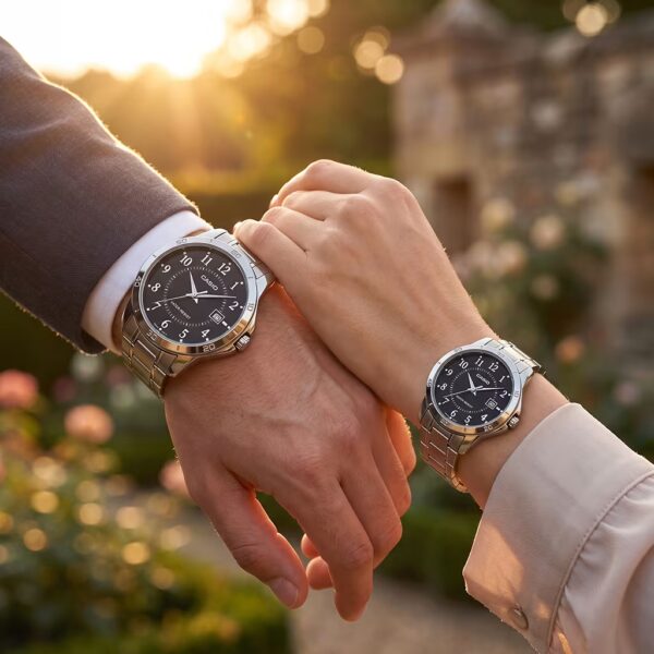 Casio Black Dial Stainless Steel Couple Gift Watch on wrist