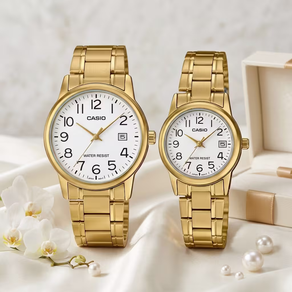 Casio V002G 7B2 Gold Couple Gift Watch Set | Wedding & Anniversary Gift Watches Pakistan
