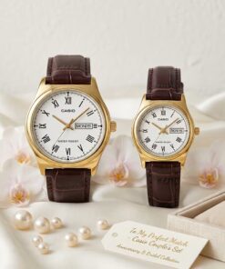 Luxury Casio Roman Dial Couple Watch Set | Brown Leather Wedding & Anniversary Gift Pakistan