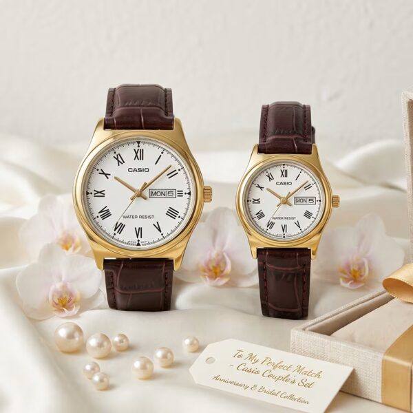Luxury Casio Roman Dial Couple Watch Set | Brown Leather Wedding & Anniversary Gift Pakistan