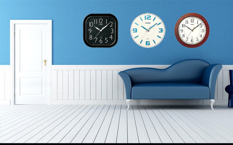 Casio Clock design on the Wall. Wooden Round Casio Wall Clock, Square black Resin Wall Clock & Neobrite White Wall Clock