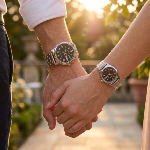 Casio Matching Couple Watches with Day & Date showcased on couple wrists