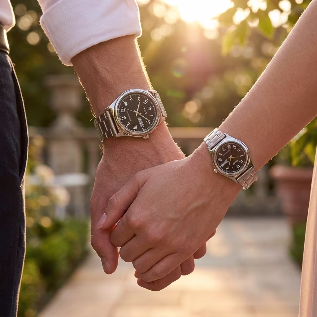 Casio Matching Couple Watches with Day & Date showcased on couple wrists