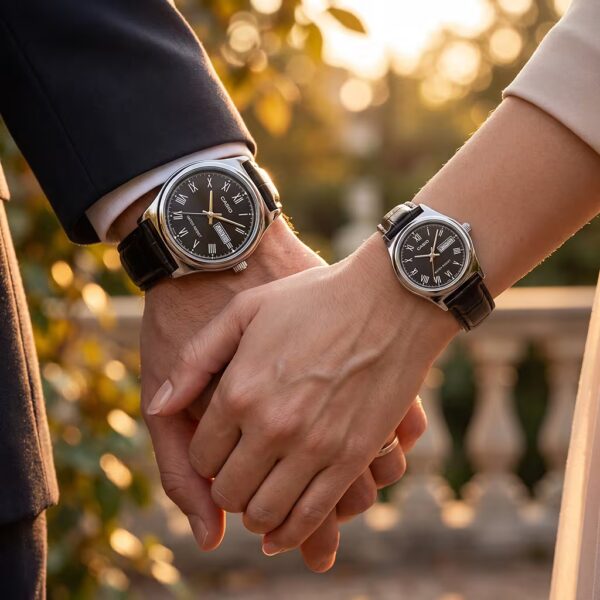 Alternative view of Original Casio Black Leather Roman Dial Couple Watches Pakistan
