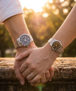 Couple holding hand wearing affordable couple watch set. Male wearing MTP V001D 1B watch and female wearing LTP V001D 1B watch.