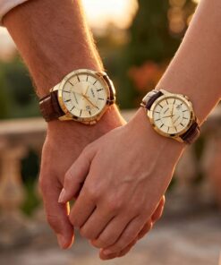 Original Casio Brown Leather Couple Watch Set showcased on couple wrists