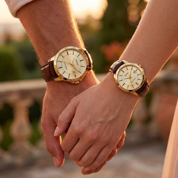 Original Casio Brown Leather Couple Watch Set showcased on couple wrists