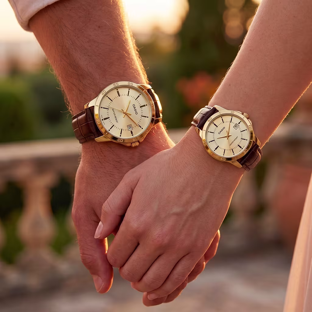 Original Casio Brown Leather Couple Watch Set showcased on couple wrists