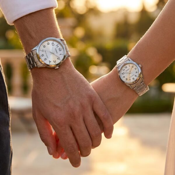 Original Casio Silver Stainless Steel Couple Watches showcased on couple wrists