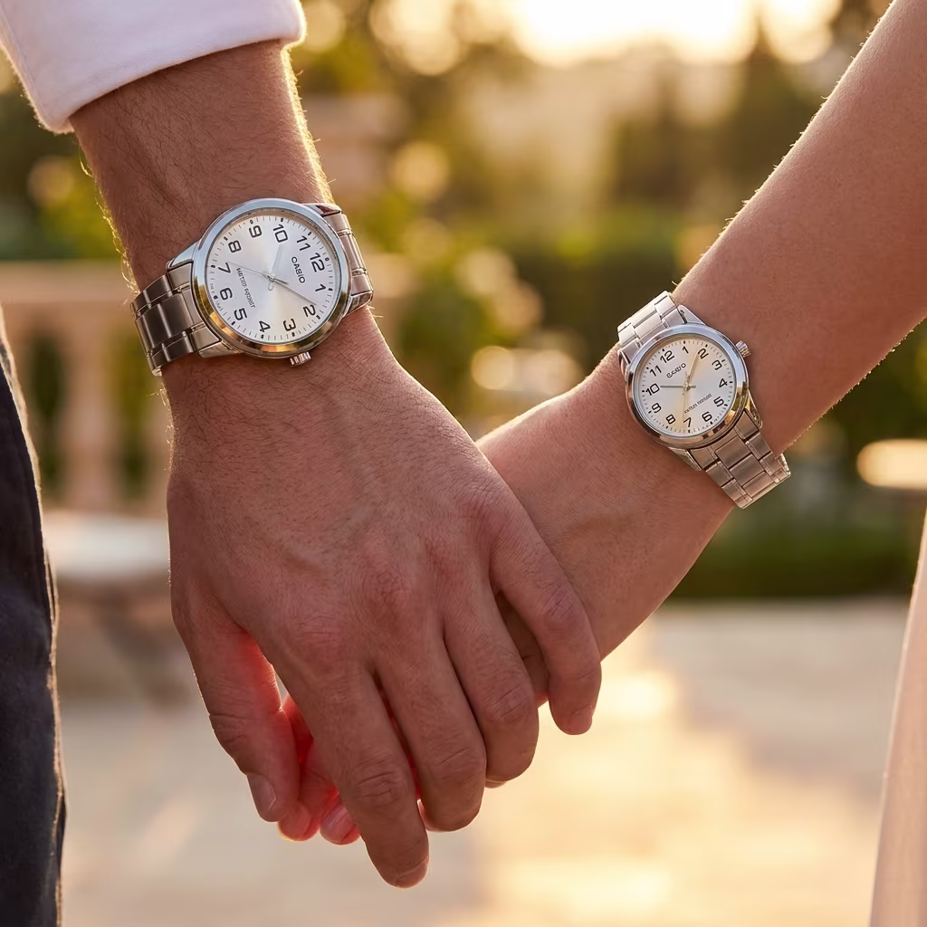 Original Casio Silver Stainless Steel Couple Watches showcased on couple wrists